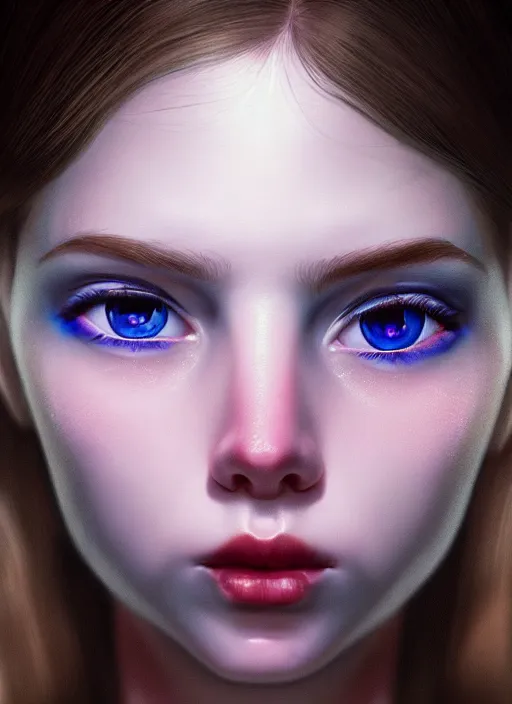 Image similar to portrait of a gorgeous girl, perfect blue eyes, detailed iridescent floral pattern skin, ultra realistic, cinematic lighting, depth of field, artstation, Gottfried Helnwein