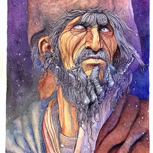 Prompt: very old shaman burns from the inside out, sould explodes, old gray haired mexican mage burn fire, close his eyes with no pain, watercolor ink painting, in the style of jean giraud, in the style of moebius trending on artstation deviantart pinterest detailed realistic hd 8 k high resolution