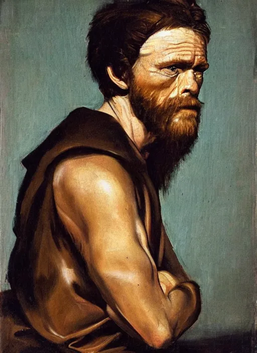 Image similar to flattering regal painting of willem dafoe with short beard, renaissance oil painting, studious chiaroscuro