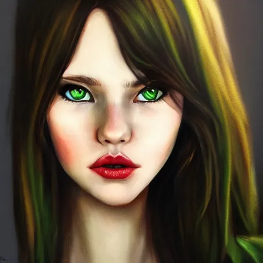 Prompt: a realistic illustration portrait of a beautiful cute girl with wavy black red hair, a pointy nose and, round chin black eyeliner, green eyes, trending on artstation, hyper - realistic lighting, intricate