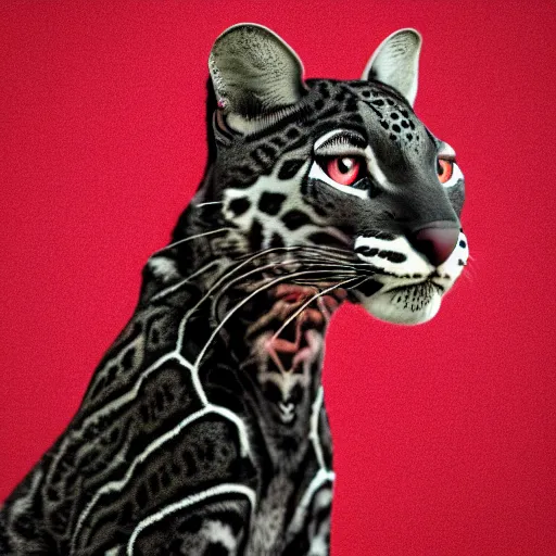 Prompt: profile shot of a black and red ocelot with black background, high contrast, octane render, 4k