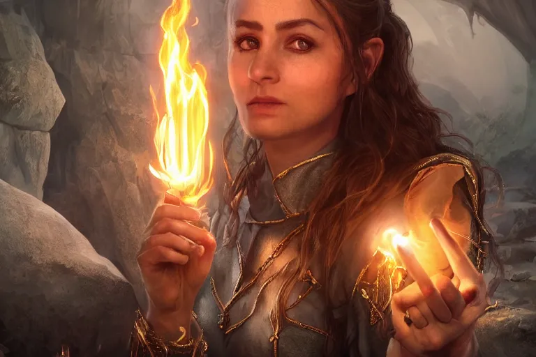 Prompt: ultra detailed fantasy, a beautiful magician with. a fire in her hand, realistic, dnd, rpg, lotr game design fanart by concept art, behance hd, artstation, deviantart, global illumination radiating a glowing aura global illumination ray tracing hdr render in unreal engine 5