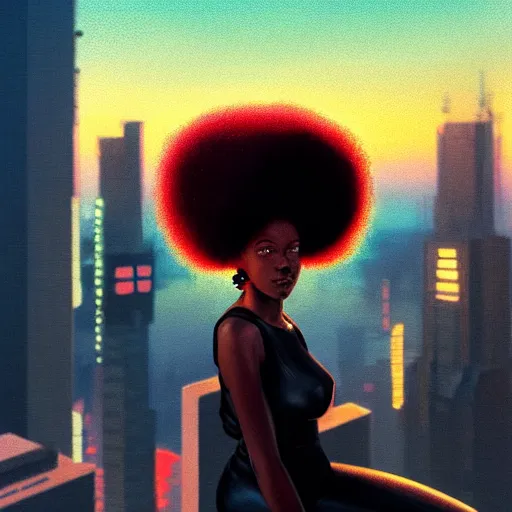 Prompt: a black girl with afro puffs sitting on top of a skyscraper in the cyberpunk city at sunset, by greg rutkowski and android jones, oil on canvas, vibrant color scheme 8k