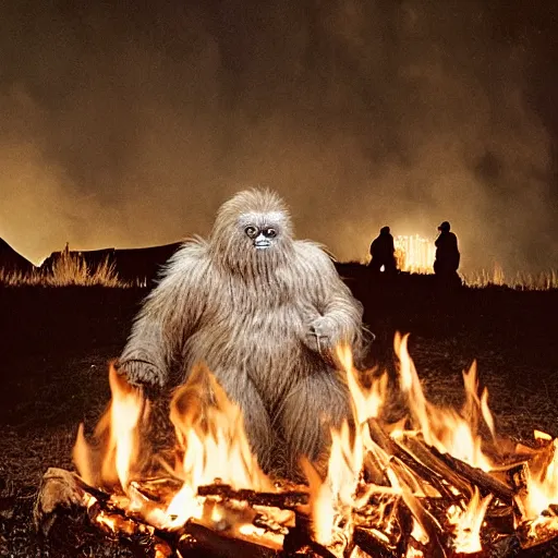 Prompt: Highly detailed, photorealistic, family of Yetis around a bonfire, by Gregory Crewdson