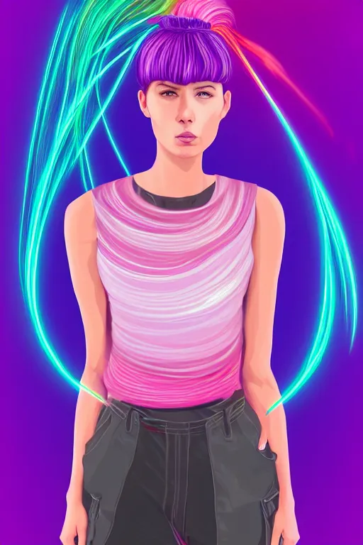 Image similar to a award winning half body portrait of a beautiful woman in a croptop and cargo pants with ombre purple pink teal hairstyle with head in motion and hair flying, surrounded by whirling illuminated lines, outrun, vaporware, shaded flat illustration, digital art, trending on artstation, highly detailed, fine detail, intricate