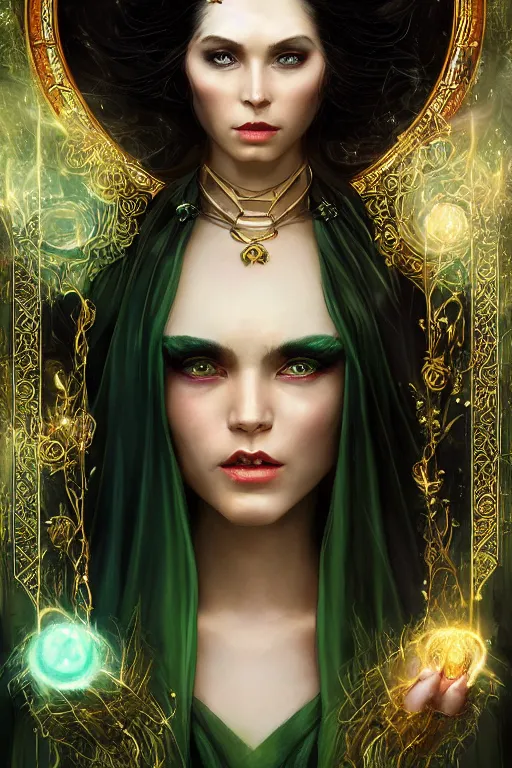 Prompt: a portrait of a beautiful sorceress wearing a black robe with gold embroidery, casting a spell, green glows, painted by artgerm and tom bagshaw, in the style of magic the gathering, perfect face, symmetrical face, highly detailed digital art