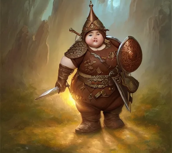 Prompt: cute chubby gnome woman wearing copper armor with sword and shield, small stature, short size, cute and adorable, pretty, beautiful, DnD character art portrait, matte fantasy painting, DeviantArt Artstation, by donato giancola, ralph horley, loish, cinematic lighting