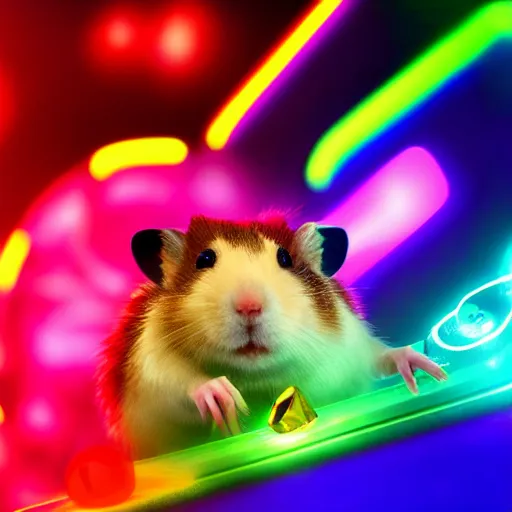 Image similar to cyberpunk hamster! holding rainbow! gem! crystal, neon lights, light reflection, 8 k, hd