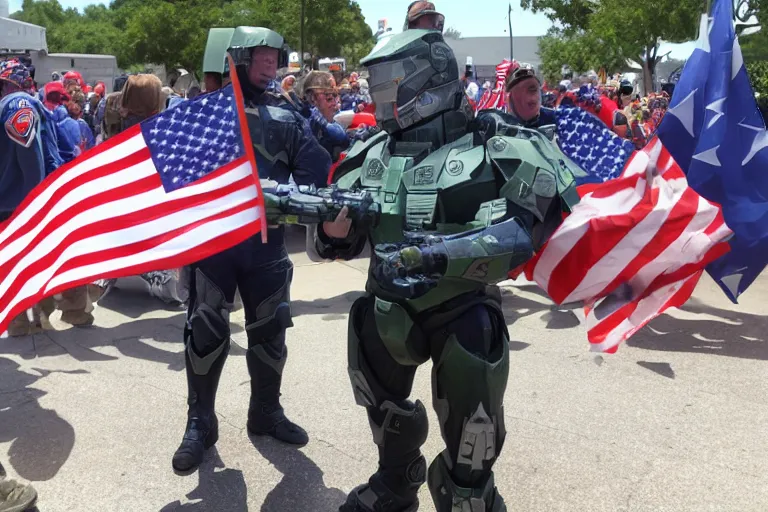 Image similar to master chief at a maga rally