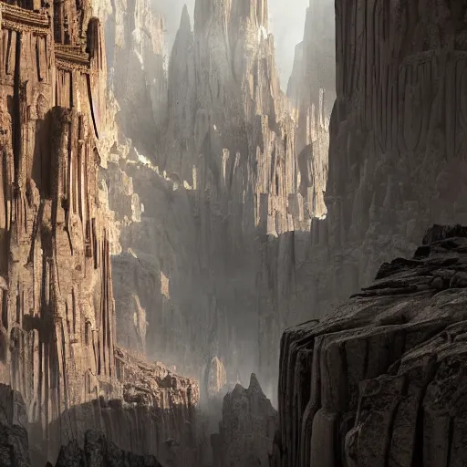 Prompt: stunning city of stone inside a gray granite canyon, fusion of star wars and gothic revival architecture, by marc simonetti, natural volumetric lighting, realistic 4k octane beautifully detailed render, 4k post-processing,