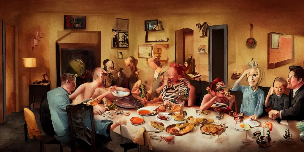 Image similar to A family lunch in the style of David Lynch, by Wes Anderson, surreal, concept art, wide angle, arstation