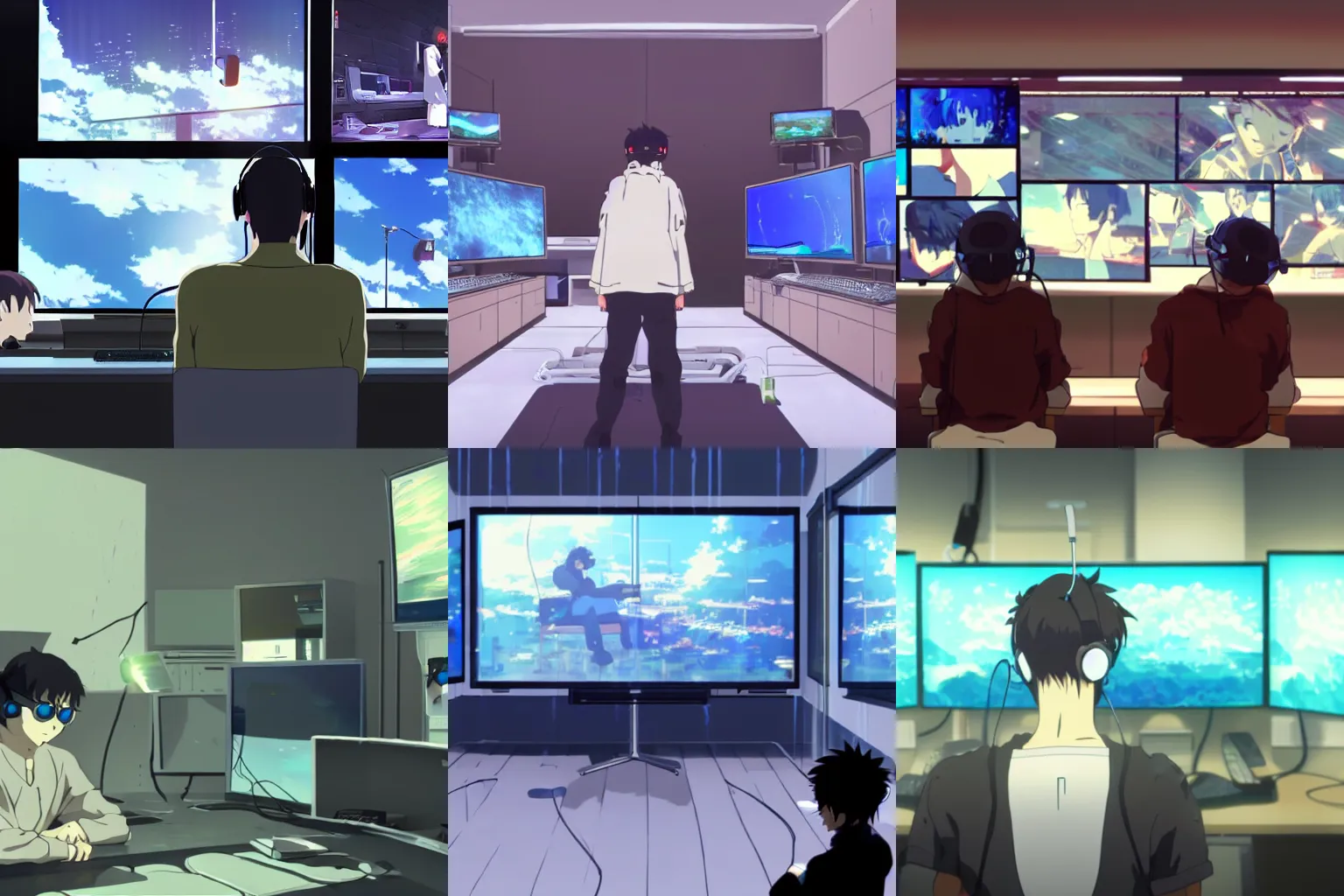 Prompt: man wearing a virual reality headset, indoors, alone in a small room of monitors, modern times, screenshot from the anime film by Makoto Shinkai