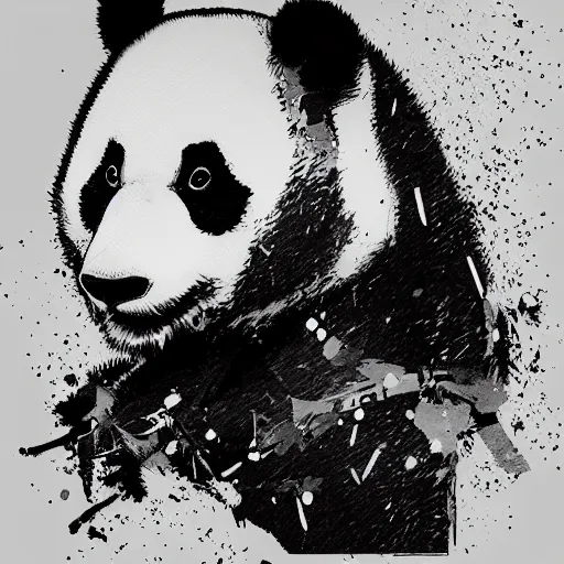 Image similar to portrait of a panda in the style of yoji shinkawa and ashley wood, splatters, halftone textures, detailed