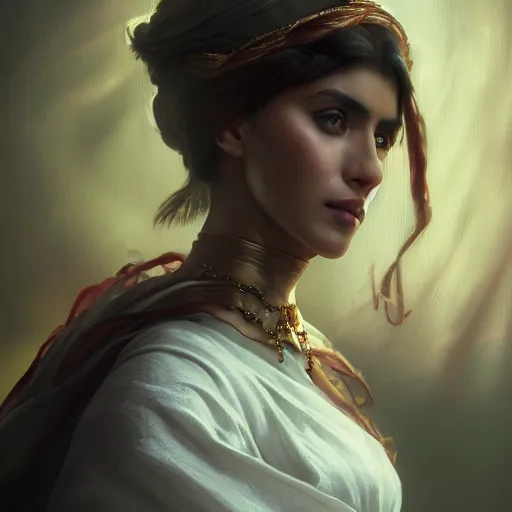 Image similar to a Photorealistic dramatic hyperrealistic render of an arab ameera al taweel, green tan skin, eyes, red hair, white veil, with a pet lion by WLOP,Artgerm,Greg Rutkowski,Alphonse Mucha, Beautiful dynamic dramatic dark moody lighting,shadows,cinematic atmosphere,Artstation,concept design art,Octane render,8K