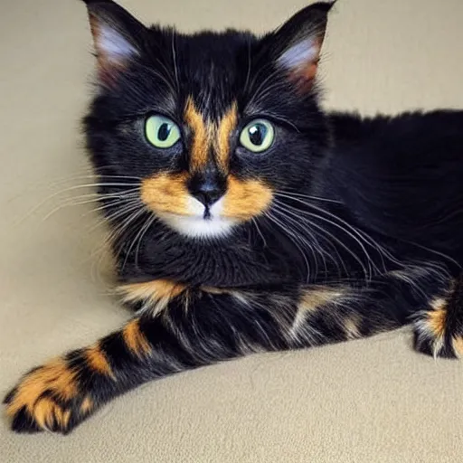 Image similar to cute little long haired tortoiseshell!!!! cat, black with ((orange)) specks, yellow eyes