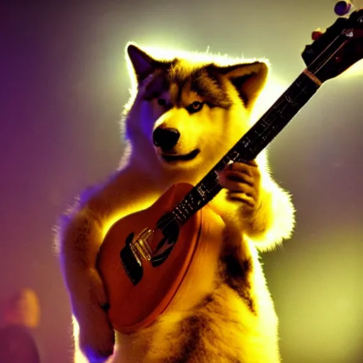 Prompt: anthropomorphic husky performing in a concert, holding a guitar, dslr photo, indoor, cinematic lightning