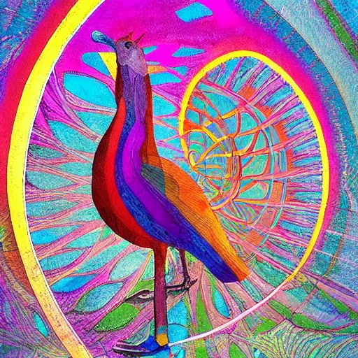 Image similar to A beautiful mixed media art of a large, colorful bird with a long, sweeping tail. The bird is surrounded by swirling lines and geometric shapes in a variety of colors by Klaus Wittmann, by Andy Goldsworthy kaleidoscopic