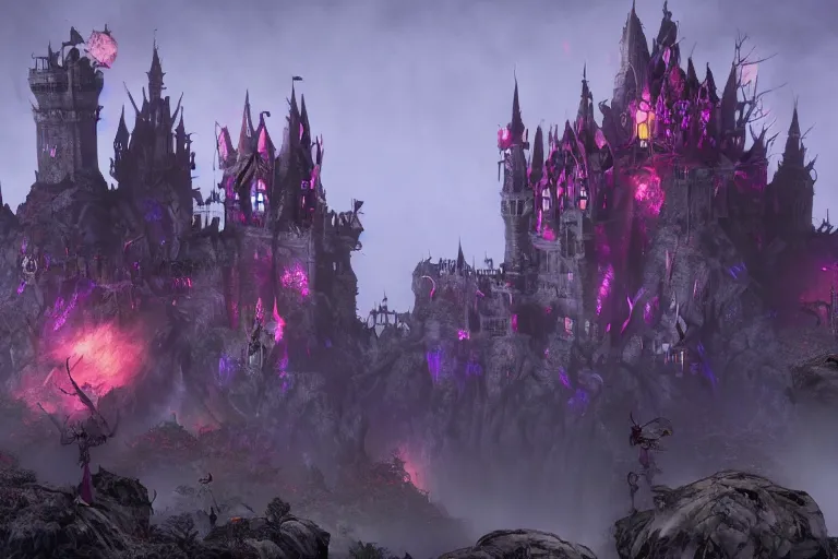 Image similar to big evil fairy castle - city rock dark shadow elves, might and magic heroes 7, dark fantasy, shadows, artstation trending, unreal engine 5, red