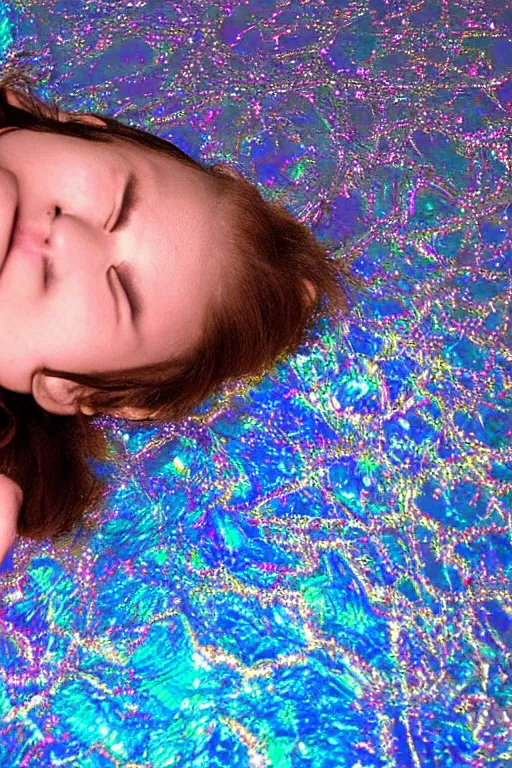 Image similar to hyperrealism close-up young girl lying in a holographic puddle unconscious in a room viewed from above photo by Terry Richardson