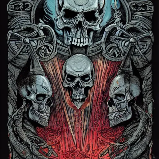 Prompt: blood for the bloodgod, skulls for the skullthrone, colored ink, moebius illustration art, key art