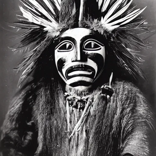 Prompt: vintage photo of Tsimshian shaman mask by edward s curtis