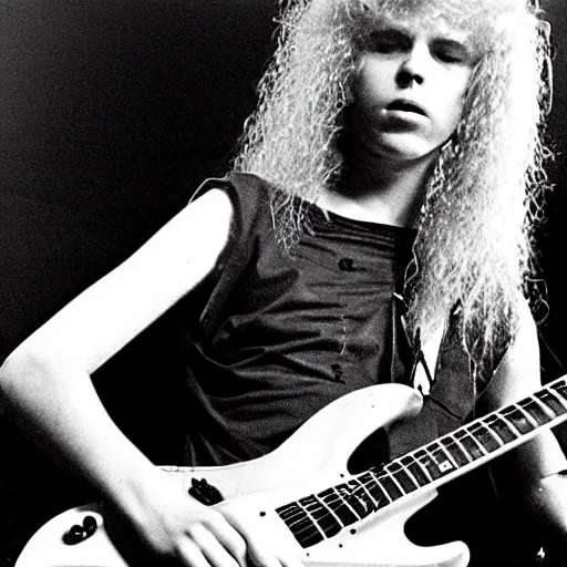 Prompt: 19-year-old women holding electric guitars, long shaggy blonde hair, permed hair, New Wave of British Heavy Metal, live in concert, concert footage, Great Britain, 1981 photograph, 16mm photography