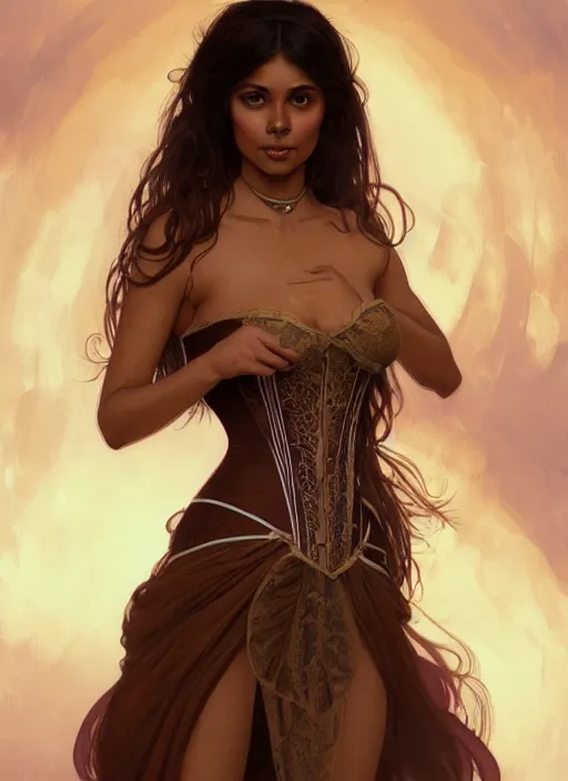 Image similar to cute brown woman wearing a translucent corset dress, fantasy, intricate, highly detailed, digital painting, artstation, concept art, wallpaper, smooth, sharp focus, illustration, art by artgerm and greg rutkowski and alphonse mucha