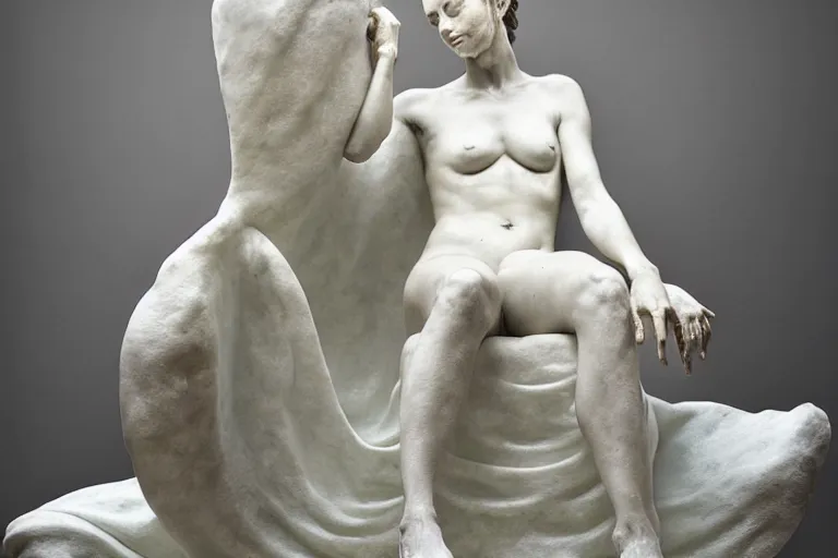 Image similar to a sculpture of a beautiful woman sitting on a chair, a white marble sculpture covered with floating water by nicola samori, behance, neo - expressionism, marble sculpture, apocalypse art, made of mist