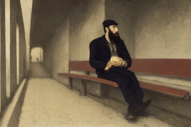 Image similar to portrait of a bearded young man sitting alone on a bench in a subway station, glowing with silver light, color by Franz Marc, highly detailed architecture by Jean-Léon Gérôme, by Winsor McCay, today's featured photograph, 16K