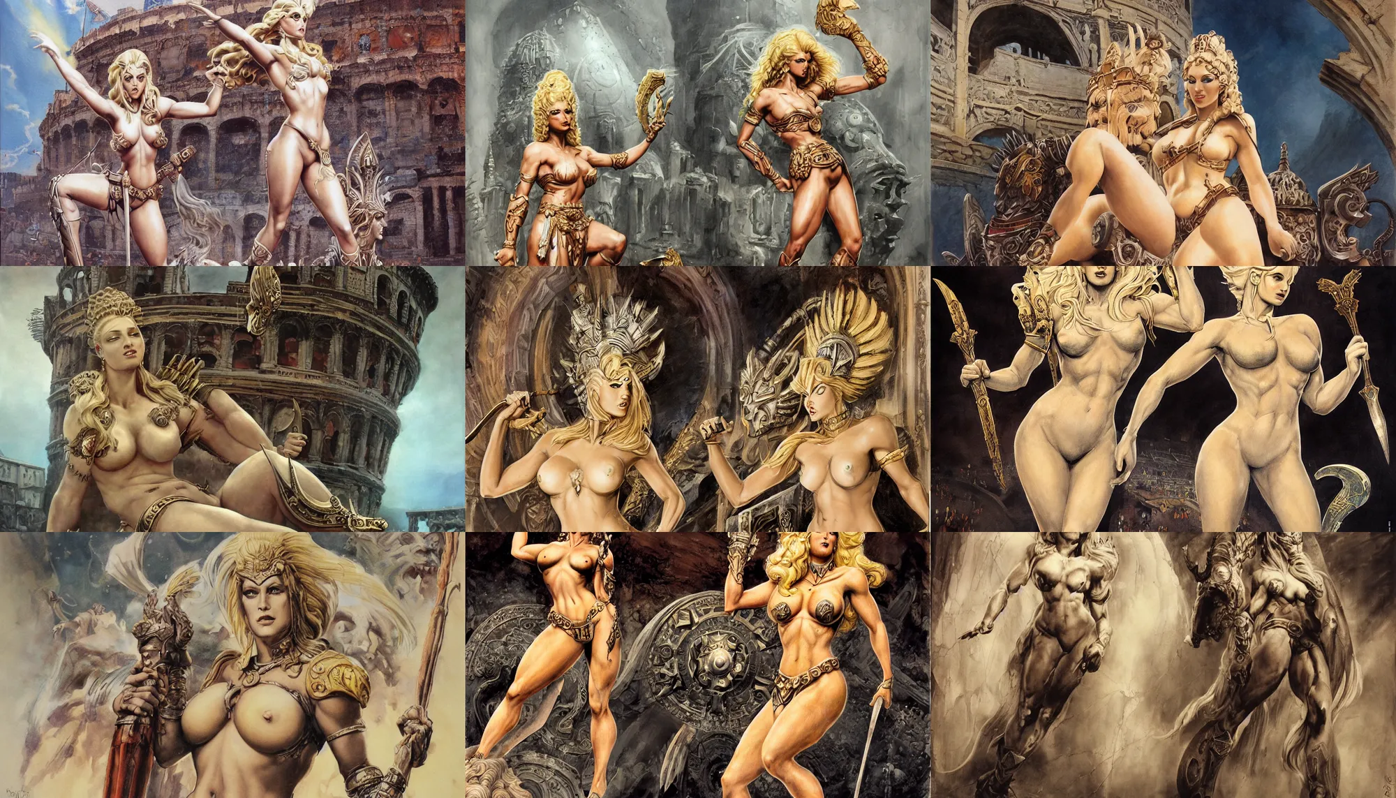 Image similar to A mixed media painting of a beautiful blonde goddess of RAGE, in a coliseum, very aesthetic, curvy, detailed face and eyes, spartan, by Frank Frazetta, Boris Vallejo, Greg Rutkowski, Christian MacNevin, epic fantasy character art, roman numerals, high fantasy, CGsociety, full length, exquisite detail, post-processing, masterpiece, cinematic, coliseum backdrop