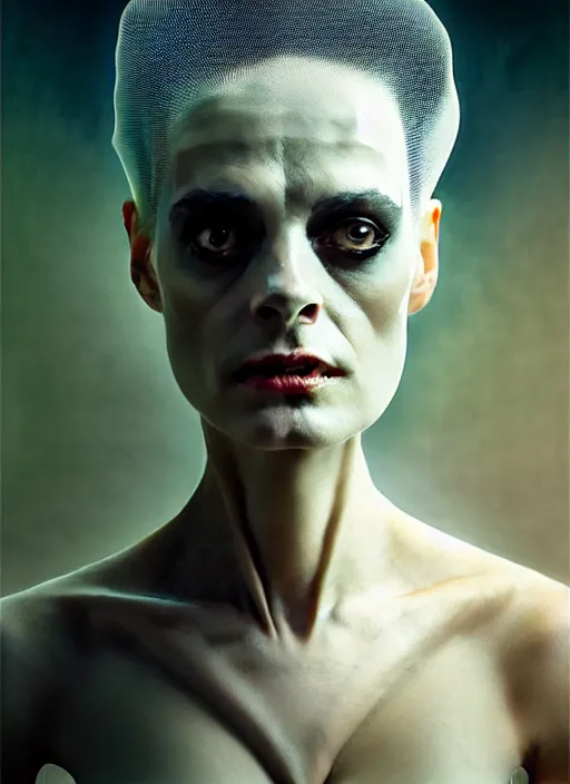 Image similar to smooth healthy skin, glowing complexion, high key lighting, portrait of a beautiful gentle futuristic bride of frankenstein, kintsugi, modern fine art, fractal, intricate, elegant, highly detailed, digital photography, subsurface scattering, by jheronimus bosch and greg rutkowski