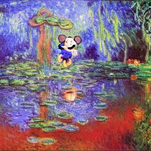 Prompt: mickey mouse in the garden of eden, oil painting by monet, masterpiece