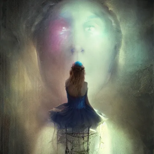 Image similar to Alice in wonderland by cy Twombly and BASTIEN LECOUFFE DEHARME, iridescent, volumetric lighting