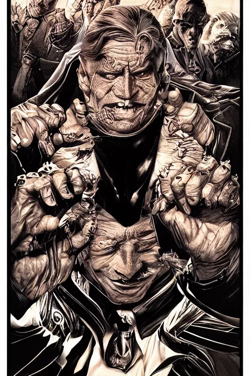 Image similar to aesthetic digital portrait of a handsome young man with a sinister grin by brian bolland, rachel birkett, alex ross, and neal adams | dark, intimidating, imposing, portrait, character concept, concept art, unreal engine, finalrender, centered, deviantart, artgerm