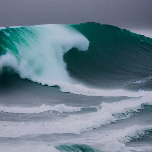 Prompt: a giant 3 0 0 ft wave, wave, giant, rough seas, weather, hurricane, wind, swell, ocean, sea, canon eos r 3, f / 1. 4, iso 2 0 0, 1 / 1 6 0 s, 8 k, raw, unedited, symmetrical balance, wide angle