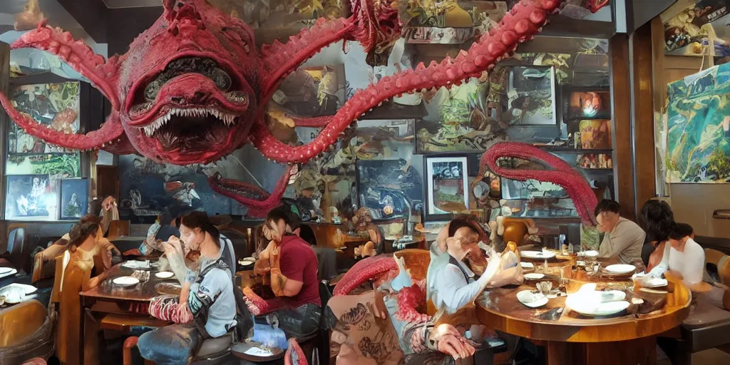 Image similar to photo of chubby godzilla eating octopus monster, in an epic kaiju restaurant willed with framed pictures of past monsters