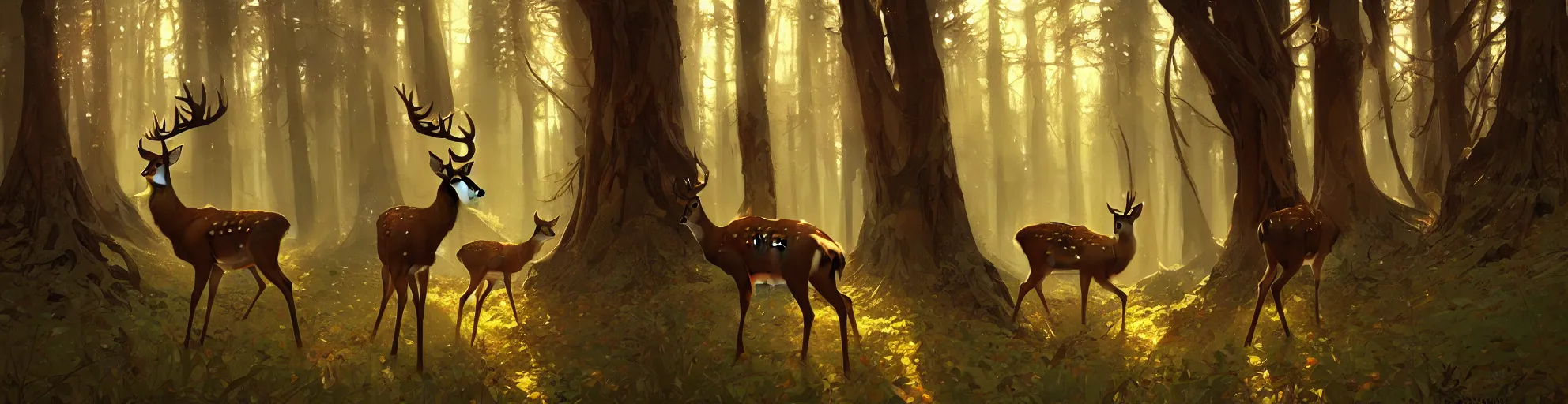 Image similar to Deer in Sherwood Forest, highly detailed, digital painting, artstation, concept art, smooth, sharp focus, illustration, art greg rutkowski and alphonse mucha