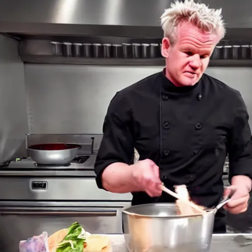 Image similar to hyper real Gordon Ramsey cooking a unicorn in kitchen 4k