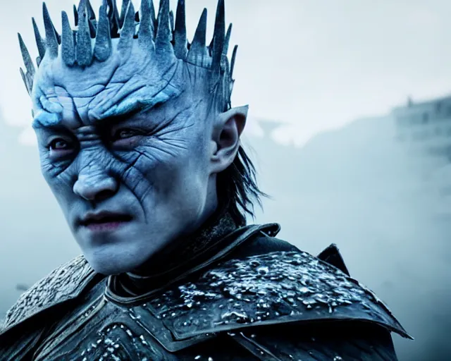 Image similar to justin sun as night king in game of thrones attacked by crimson - black bees, 4 k, epic, cinematic, focus, movie still, fantasy, extreme detail, atmospheric, dark colour, sharp focus