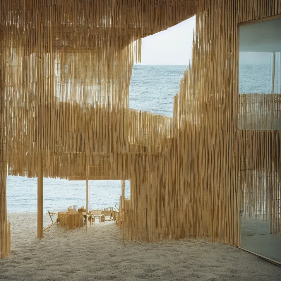 Image similar to architecture ad for a mid-century small modern house on the beach, designed by Kengo Kuma. Film grain, cinematic, yellow hue