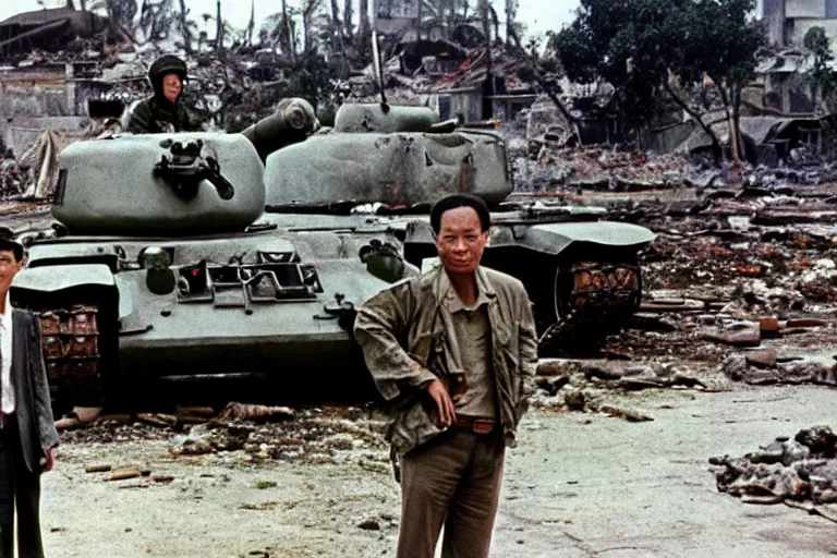 Image similar to a photo of a two mans posing in front of tank in destroyed vietnamese city, us journalism ministry photo, 1 9 6 9, color photo, fim still