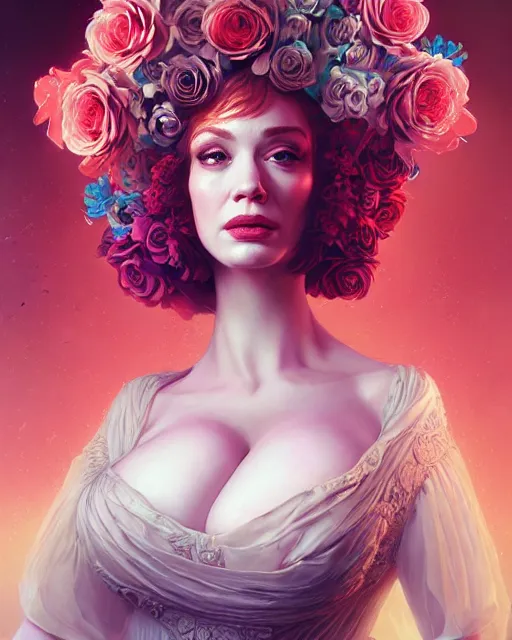 Image similar to portrait of christina hendricks with roses, baroque, roses, intricate abstract upper body intricate artwork, by tooth wu, wlop, beeple, dan mumford. concept art, octane render, deviantart, greg rutkowski, cinematic arthouse, key art, hyper realism, iridescent accents