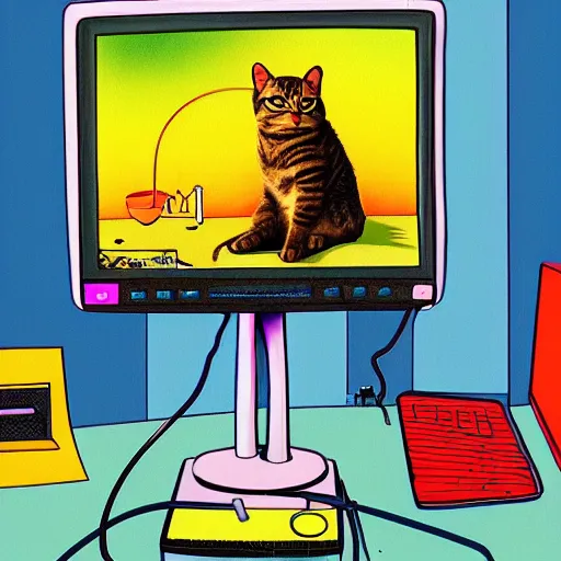 Image similar to computer monitor with a cat stuck inside, surreal, colorful, Ralph Bakshi