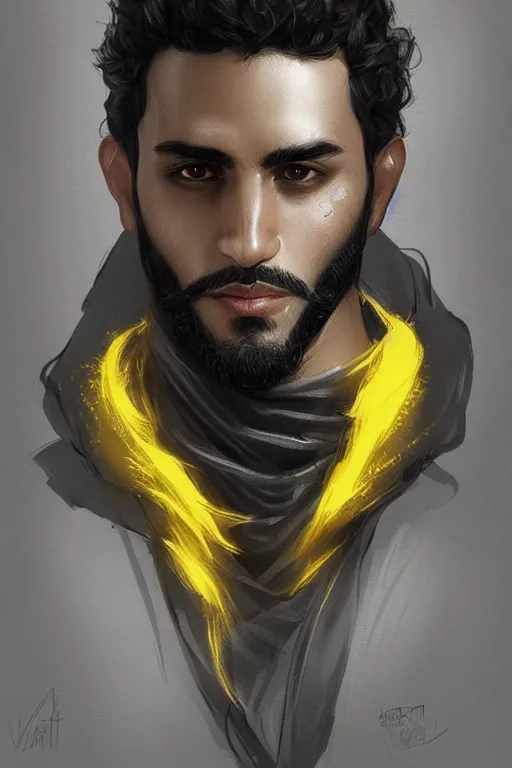 Image similar to Arab man light beard, curly hair, swordsman, modern, hero, leather , yellow and charcoal, character concept art, costume design, trending on artstation, Artgerm , WLOP