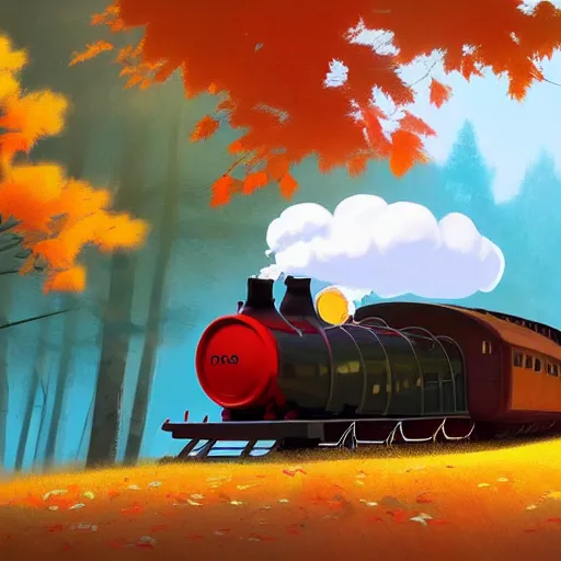 Image similar to Goro Fujita illustrating An antique steam train with a large white cloud coming out of the chimney travels through a beautiful autumn forest along the railroad tracks, art by Goro Fujita, concept art, sharp focus, ArtStation