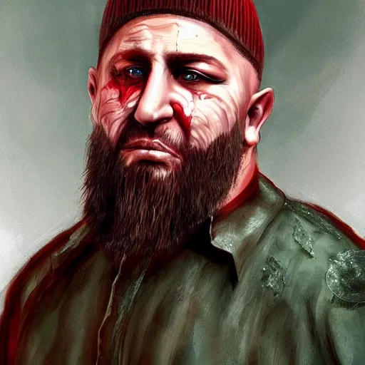 Image similar to ramzan kadyrov became cringe bloody ugly lovecraftian degenerate abomination, photo - realistic, color image, 2 k, highly detailed, bodyhorror, occult art