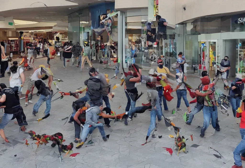 Prompt: parrot assassins attacking people inside a shopping center