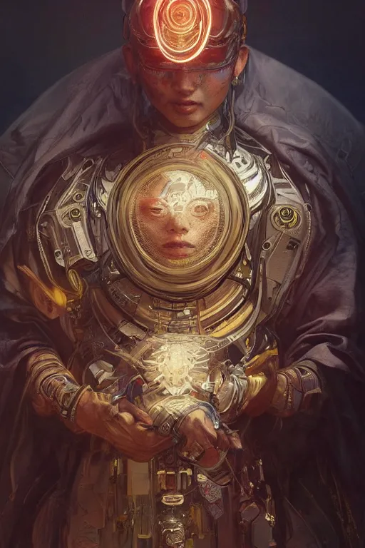 Image similar to Ultra realistic illustration, Cyborg Tibetan monk, cyberpunk, sci-fi, fantasy, intricate, elegant, highly detailed, digital painting, artstation, concept art, smooth, sharp focus, illustration, art by artgerm and greg rutkowski and alphonse mucha