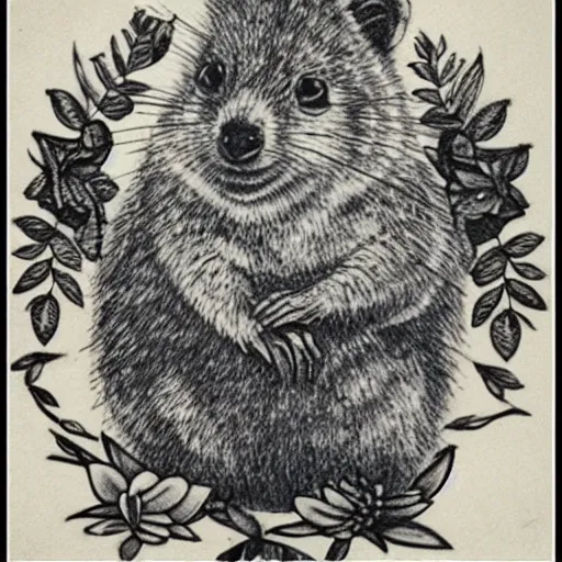 Prompt: a quokka wearing sunglasses in the style of fanny brate, tattoo stencil