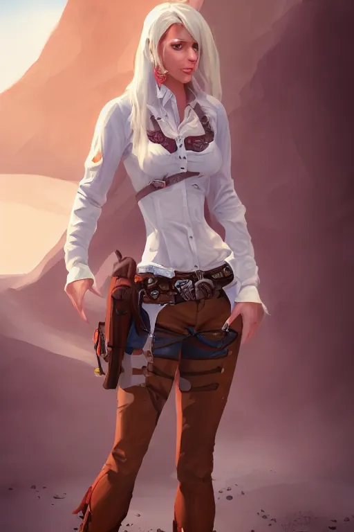 Image similar to full body, female cowgirl, perfect face, white blouse, holster, 8 k, magic the gathering, desert, d & d, artstation, high detail, smooth, sweaty